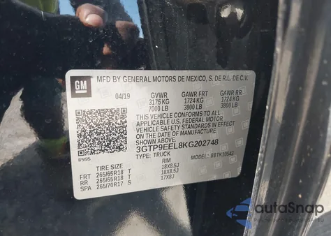 2019 GMC Sierra 1500 At4 из США, поврежденный, VIN 3GTP9EEL8KG202748